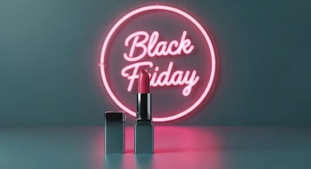 Black Friday sale promo with lipstick on vibrant backdrop. Ideal for beauty ads, cosmetic deals, makeup promotions, retail campaigns, and seasonal marketing efforts.