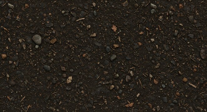 Dark textured ground surface with pebbles small stones sticks and leaf fragments