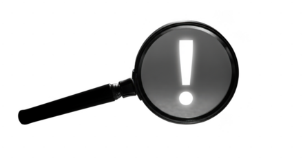Magnifying glass highlighting an exclamation mark symbol isolated on transparent background