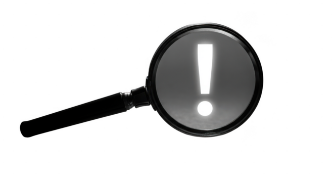 Magnifying glass highlighting an exclamation mark symbol isolated on transparent background