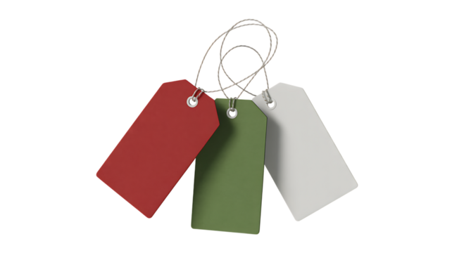 Red green and white gift tags tied with string isolated on a transparent background price tag label