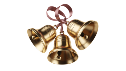 Three golden bells with engraved text tied with ribbon isolated on a transparent background brass
