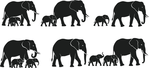 Six Elephant Families in Walking Poses with Calves, Black Silhouettes Depicting Wildlife Bonding and Movement Vector Illustration for Nature Themes © MDTanvir