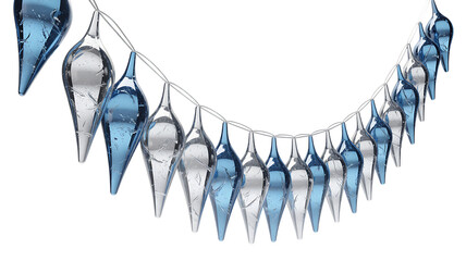 Blue and silver teardrop glass ornaments on string isolated on a transparent background image
