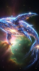 Cosmic Whale Swimming Through a Starry Nebula in Deep Space.