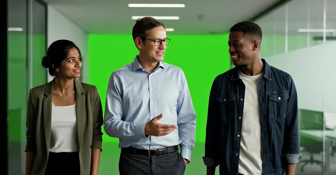 Three colleagues walking and talking in an office hallway with green screen.
