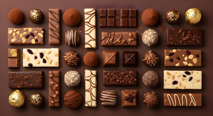 luxury chocolate collection including truffles, bars, and pralines on brown background, gourmet dessert assortment for confectionery display and premium food photography concept