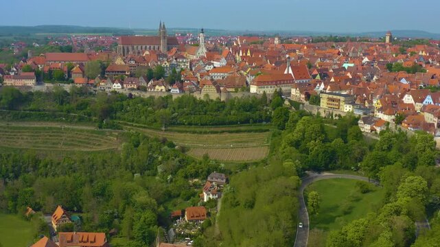 Aerial panoramic view of the old town city Rothenburg ob der Tauber in Germany, Bavaria on a sunny spring day