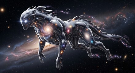 Cosmic Alien Creature with Glowing Orbs in Deep Space.