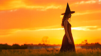 A Striking Silhouette of a Mysterious Woman in a Witch Costume Standing Boldly Against a Vibrant Orange Backdrop in High Quality Halloween Style