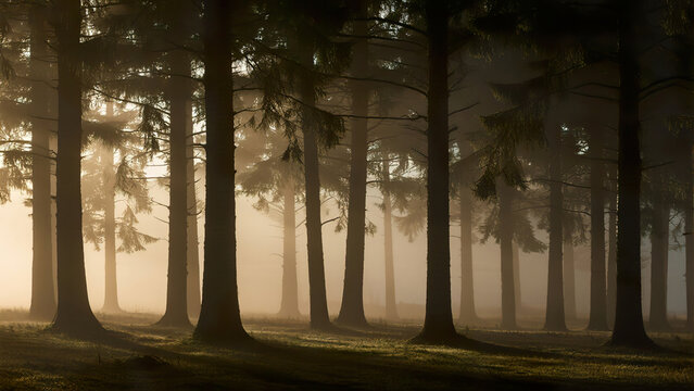 Misty forest at sunrise with tall trees - Powered by Adobe