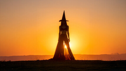 A Striking Silhouette of a Mysterious Woman in a Witch Costume Standing Boldly Against a Vibrant Orange Backdrop in High Quality Halloween Style