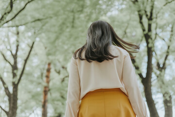 Woman from behind walking in a lush green park with trees and soft natural light