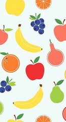 Colorful Fruit Pattern with Apples, Bananas, and Grapes.