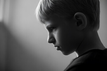 Closeup profile of a young boys face in dramatic black and white lighting