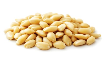 Heaped Pile of Pine Nuts with Smooth Texture on a White Surface Background