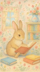 Naklejka na ściany i meble Charming rabbit reading book mobile wallpaper Naklejka na ściany i meble Charming rabbit reading book mobile wallpaper