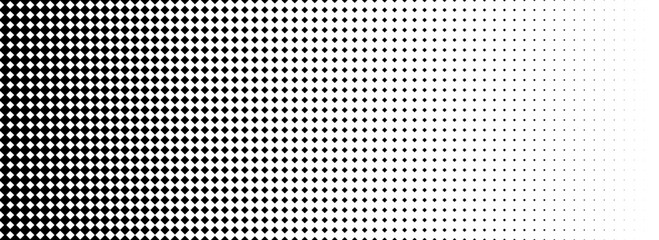 Squared halftone texture background. Check dot faded gradation wallpaper. Black and white diamond pixels. Abstract glitchy 8 bit video game backdrop. Vector comic bitmap dither screen tone overlay