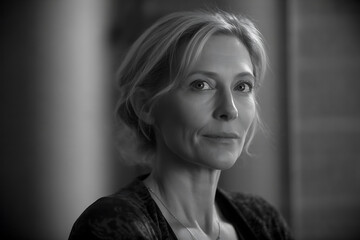Black and white portrait of a mature woman with a thoughtful expression