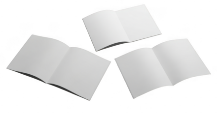 Three blank open books with white pages isolated on transparent background
