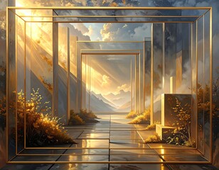 Abstract golden corridor with layered frames, light, sky and mountains
