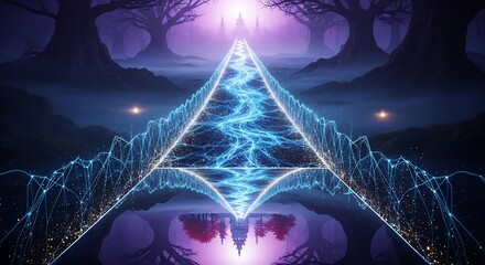 Mystical Geometric Pyramid with Energy and Light in a Dark Scene.