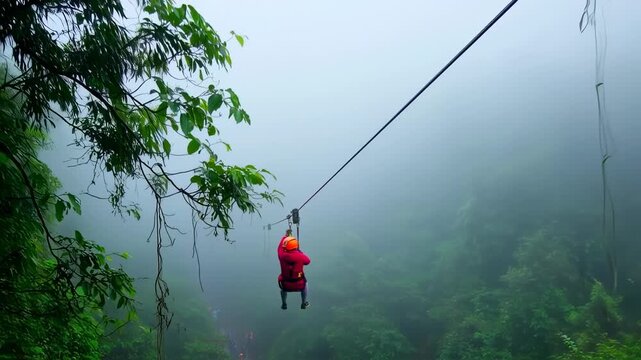 A person ziplines through a misty jungle