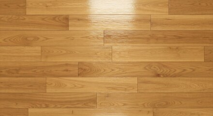 Overhead view of polished lightbrown wooden floorboards Each board is a rectangle with natural wood grain A glossy sheen is present