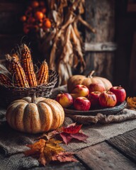 Rustic autumn harvest still life featuring pumpkins, candles, dried leaves, and seasonal decorations arranged on a wooden table with warm lighting for a cozy festive atmosphere