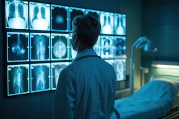 A doctor reviews xrays on a screen in a hospital room