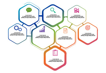 Infographic with colorful hexagons and icons.