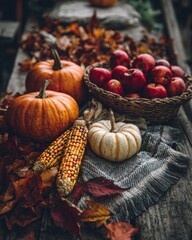Rustic composition of pumpkins, apples, berries, leaves, and seasonal textures beautifully arranged in warm autumn light to portray the richness and cozy mood of fall