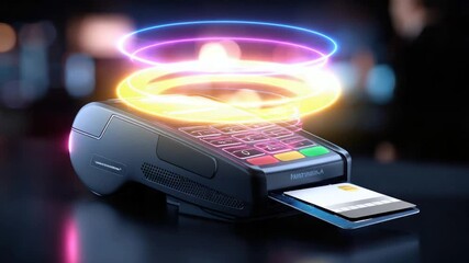 A credit card is inserted into a payment terminal, illuminated with glowing energy - Powered by Adobe