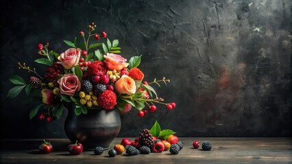 Dark Still Life Featuring a Lush Autumnal Bouquet in a Rustic Vase with Scattered Berries
