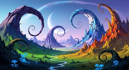 Surreal Landscape with Swirling Mountains and Glowing Mushrooms.