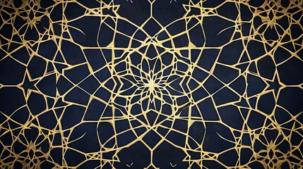 Ornate Mandala Pattern with Geometric Golden Lines on Dark Blue Background Detail