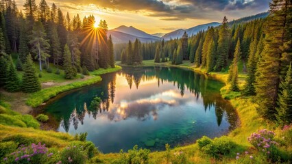 Fototapeta premium Serene Sunset over a Pristine Mountain Lake Reflected in Still Waters, Surrounded by Lush Evergreen Trees and Vibrant Wildflowers