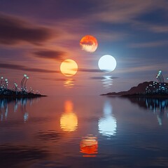 Three Celestial Orbs Reflecting on a Serene Water Surface at Twilight.