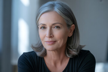 Elegant silver-haired woman looks forward with a gentle smile in a bright airy studio perfect for beauty or lifestyle