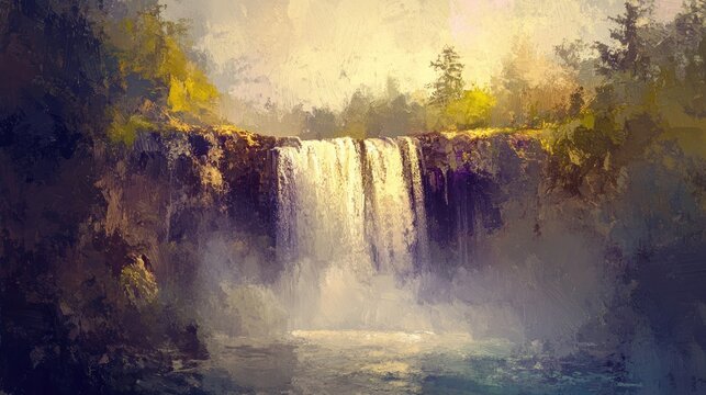Waterfall scene with an impressionistic painterly style, soft brush strokes, focus on light and color, Monet inspired