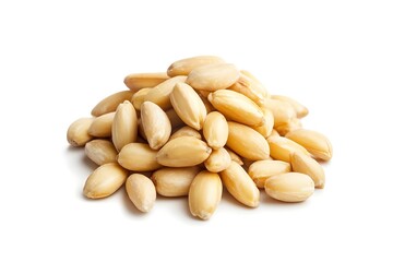 Pile of Blanched Almonds on White Background Healthy Snack, Ingredient, and Vegetarian Option