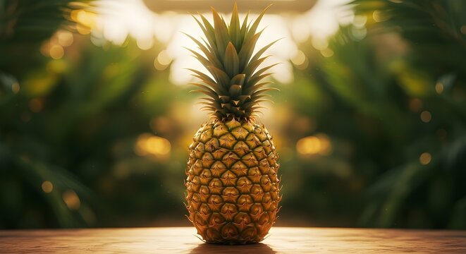 Pineapple fruit on wooden table with blurry background