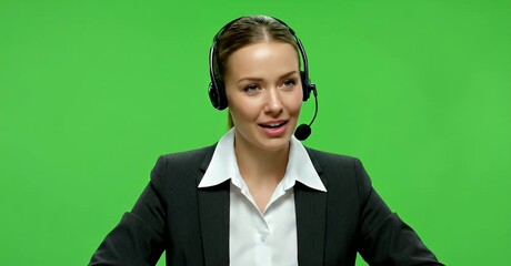 Smiling woman with headset in a suit against a green background. - Powered by Adobe