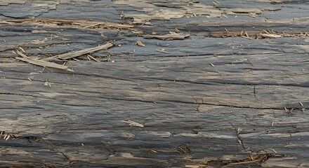 Weathered gray wood surface with flaking pieces and visible grain