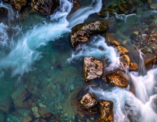 Aerial view capturing flowing, white-water currents around rocks in clear water