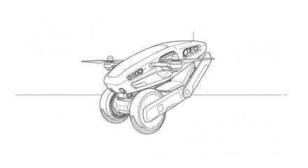Futuristic drone concept with wheels and propellers, showcasing innovative design for advanced transportation and surveillance applications in a clean line art style.