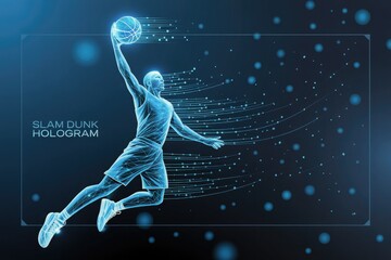 Futuristic digital basketball player dunking in neon blue and teal digital art sports