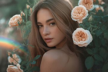 Beautiful young woman with long hair posing among blooming roses in a garden