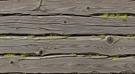 Weathered wood planks with moss growing in the cracks