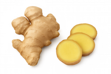 Fresh ginger root and sliced rhizome, culinary spice and healthy ingredient, on transparent background